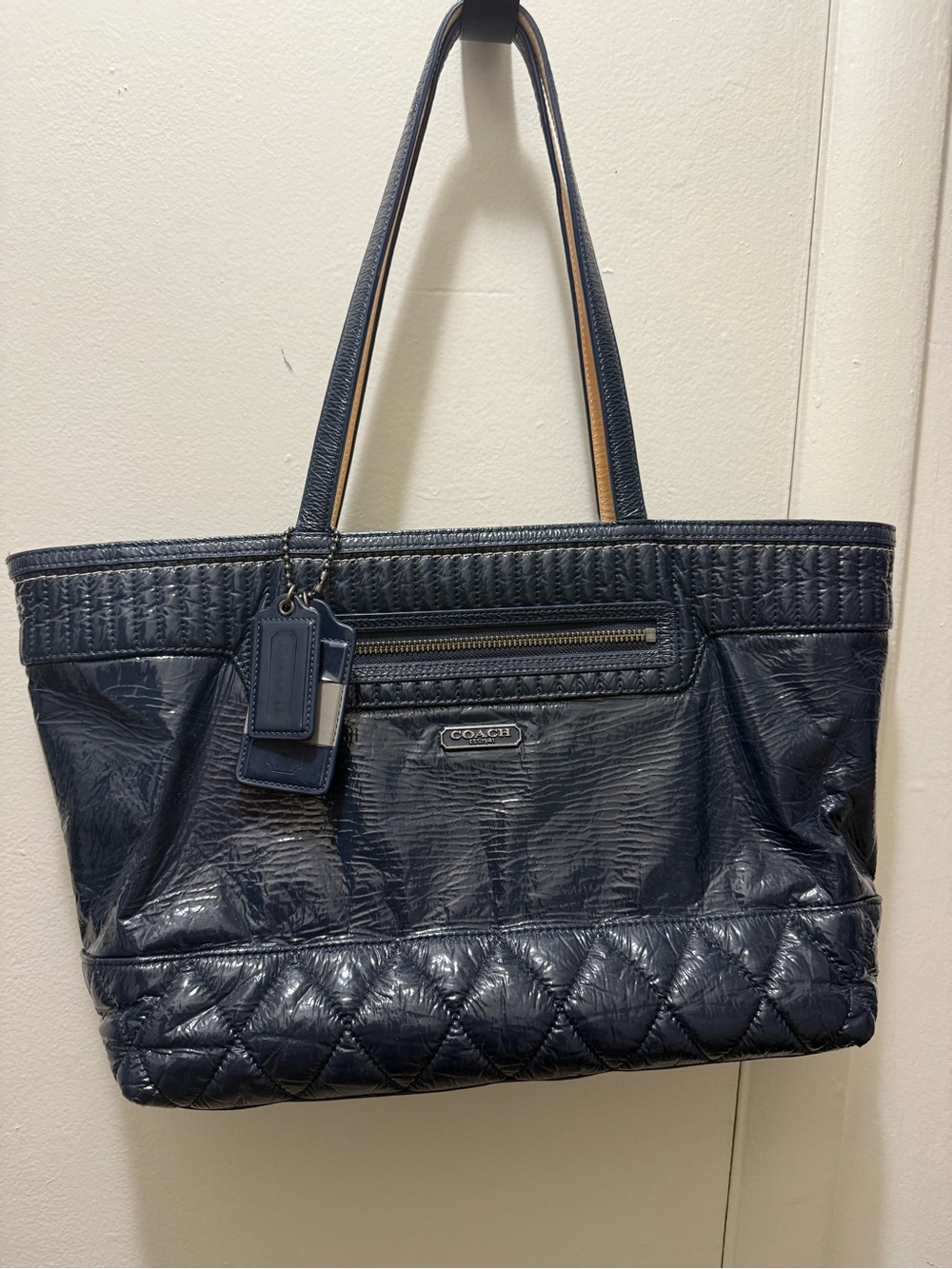 Coach Quilted Navy Patent Leather Tote